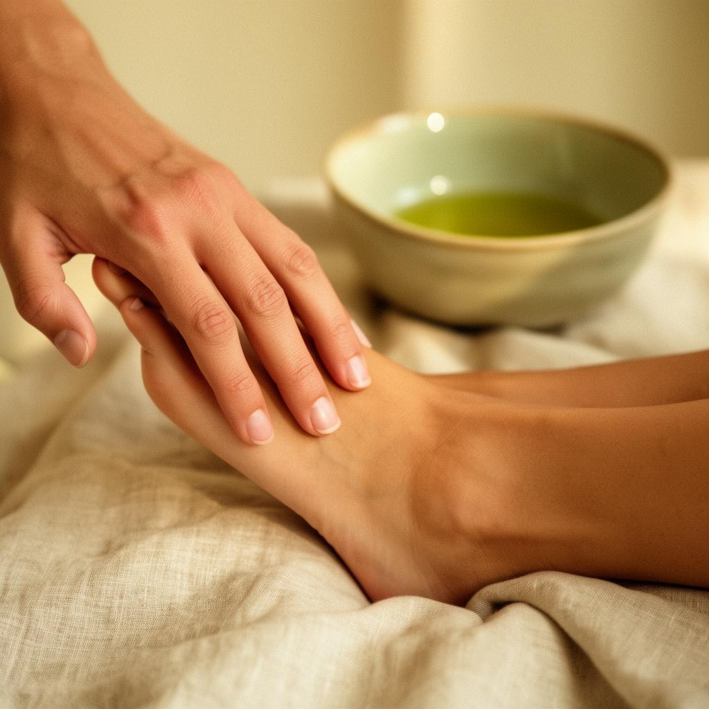 Fingertips gently pressing the arch of a foot beside a small ceramic bowl